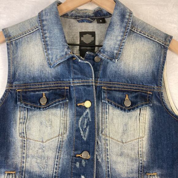 Harley Davidson Women's Button Front Fitted Denim Vest, Blue 96174-17VW. SZ S - Picture 2 of 8